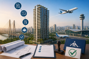 AAI NOC for building height clearance in Navi Mumbai with airport, high-rise building, and approval documents