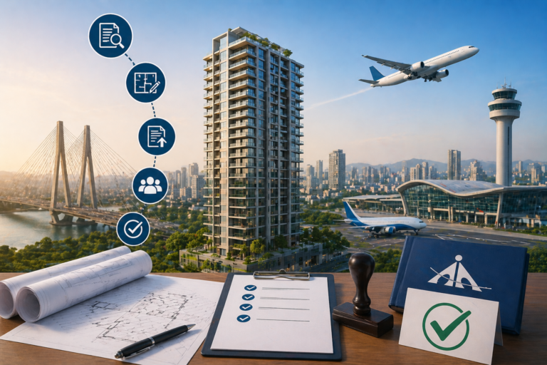 AAI NOC for building height clearance in Navi Mumbai with airport, high-rise building, and approval documents