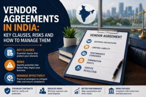 Business professionals shaking hands over a desk with legal documents, a laptop displaying security icons, and a gavel with scales of justice, representing vendor agreements and contract risk management in India.