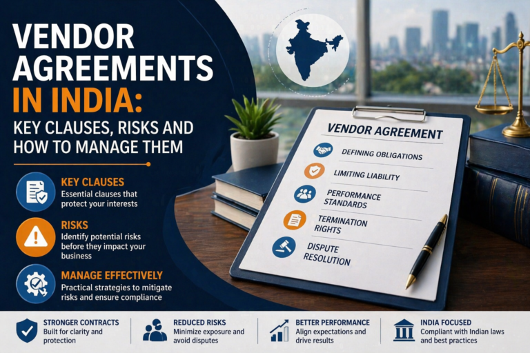 Business professionals shaking hands over a desk with legal documents, a laptop displaying security icons, and a gavel with scales of justice, representing vendor agreements and contract risk management in India.