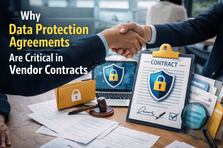 Two business professionals shaking hands over a table with legal documents, a contract clipboard, laptop showing a security lock, and files, representing data protection agreements and secure vendor contracts.